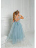 Blue Lace Tulle Beaded Long Flower Girl Dress Blue Lace Tulle Beaded Long Flower Girl Dress
